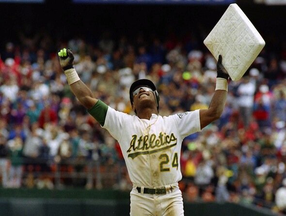Rickey Henderson breaks the all time stolen base record in Oakland.